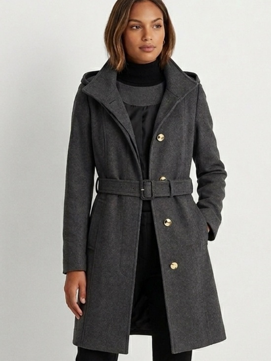 MICHAEL Michael Kors Jackets & Blazers - Womens Charcoal Hooded Belted Wool-Blend Coat